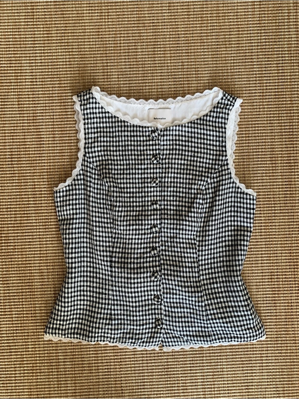 Reformation Amela Linen Gingham Button Lace Trim Sleeveless Top Remy Check Black - Picture 1 of 10